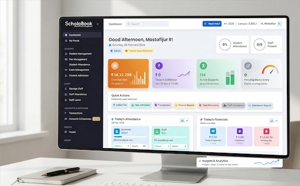 ScholaBook Dashboard - Fee collection, dues tracking, and reporting